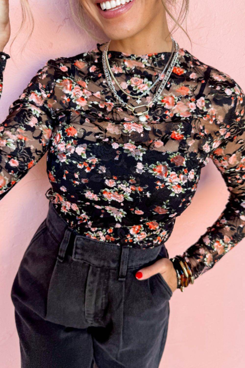 Floral Round Neck Long Sleeve Blouse for a perfect OOTD – dress to impress outfits from Amexza