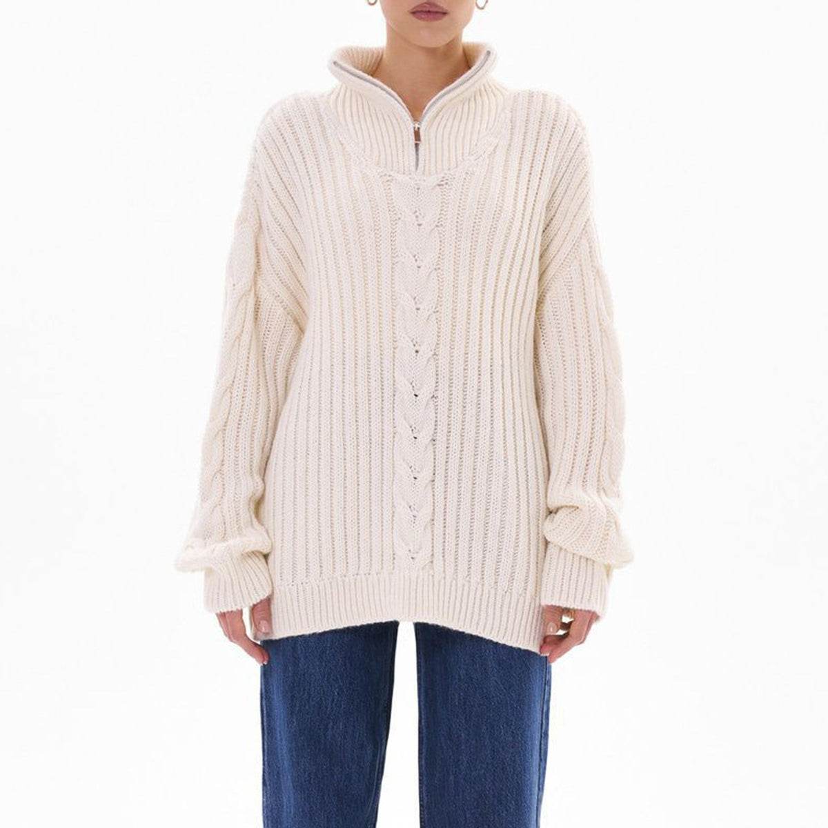 Ribbed Half Zip Long Sleeve Sweater White for a perfect OOTD – dress to impress outfits from Amexza