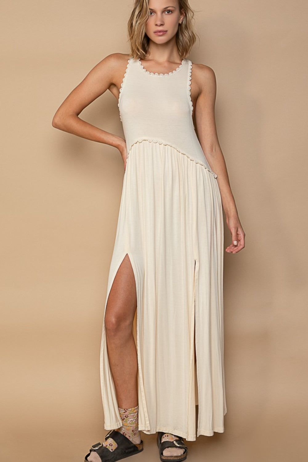 POL Sleeveless Back Zipper Front Slit Maxi Dress - Cream / S