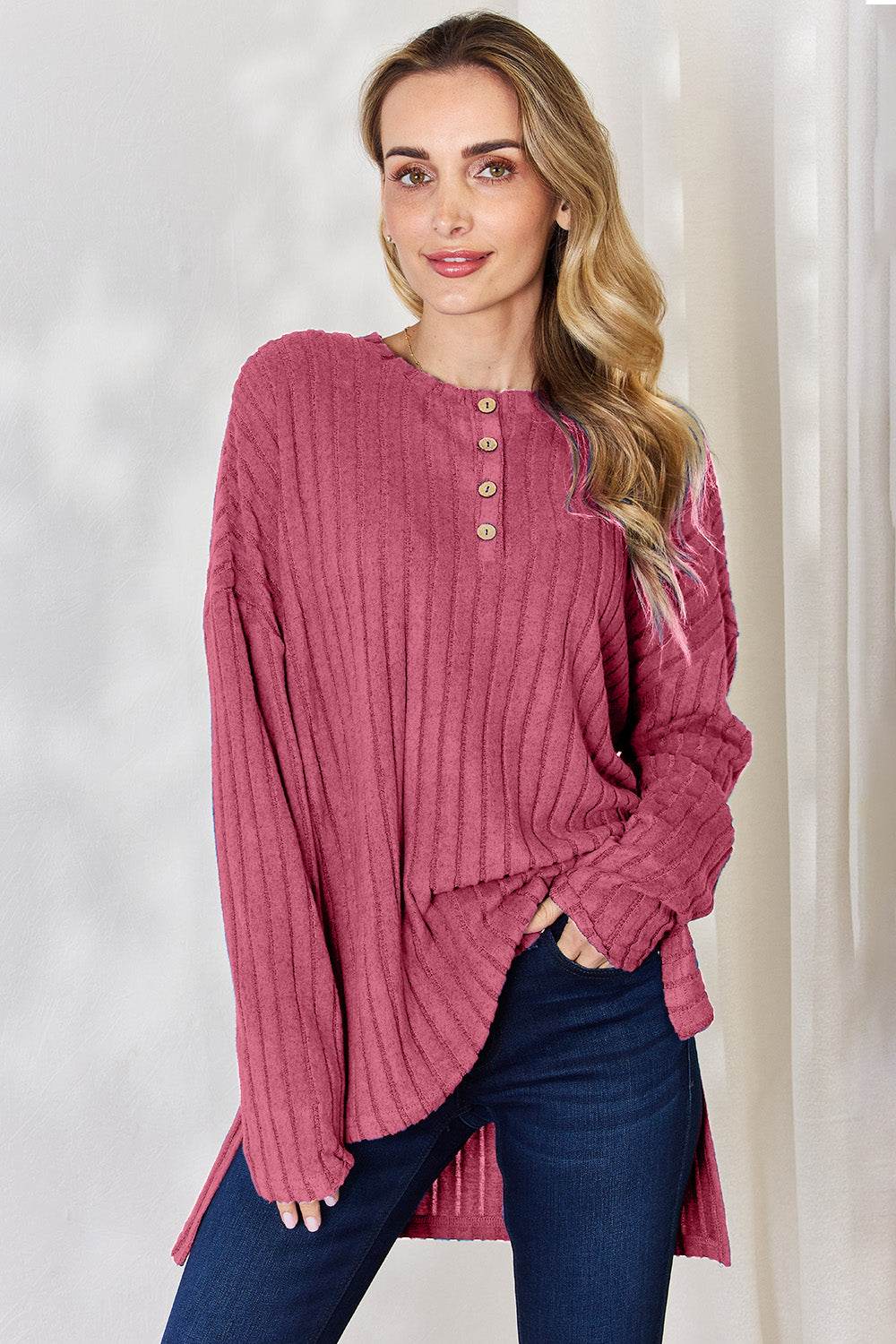 Basic Bae Full Size Ribbed Half Button Long Sleeve High-Low T-Shirt Hot Pink for a perfect OOTD – dress to impress outfits from Amexza