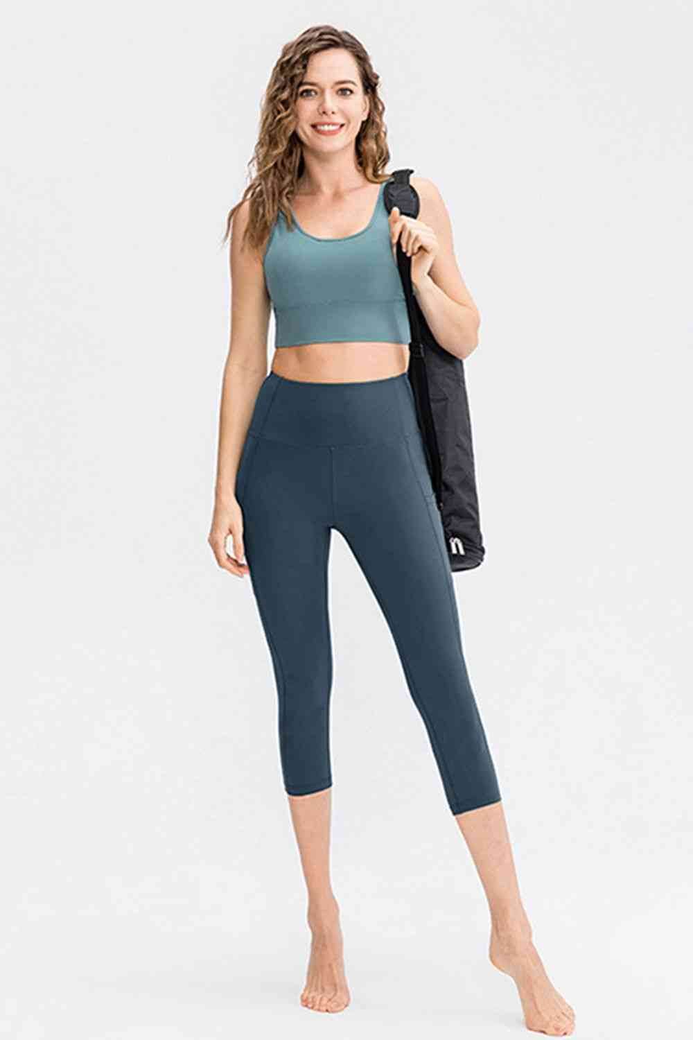 Wide Waistband Cropped Active Leggings with Pockets - Amexza