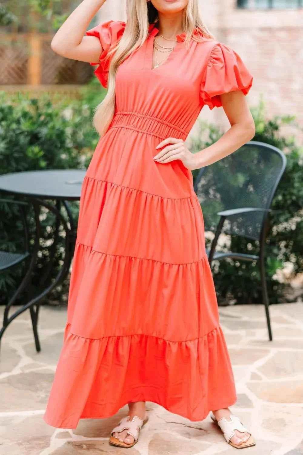 Notched Short Puff Sleeve Dress Orange for a perfect OOTD – dress to impress outfits from Amexza