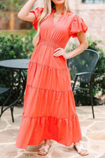 Notched Short Puff Sleeve Dress Orange for a perfect OOTD – dress to impress outfits from Amexza