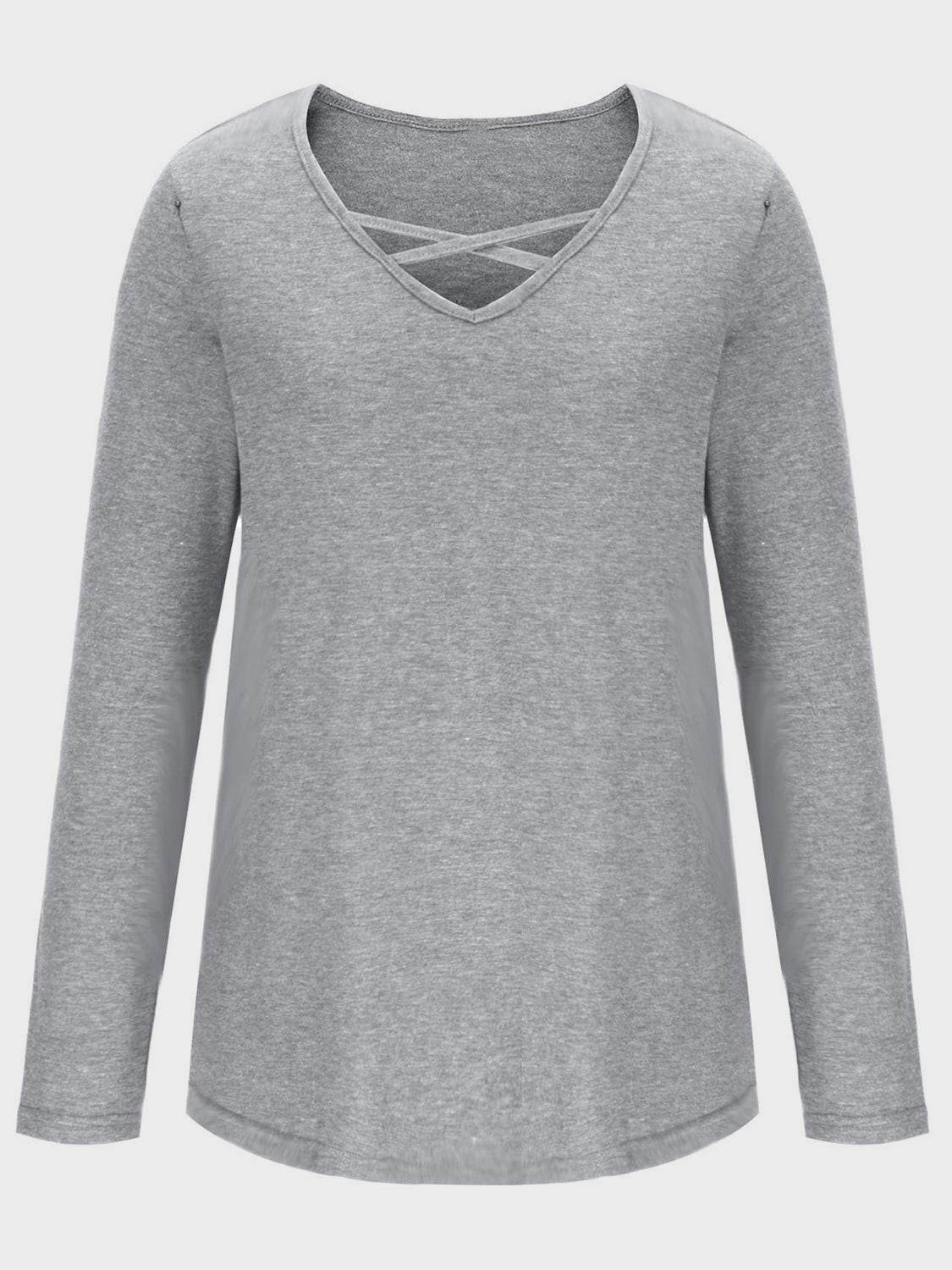 Crisscross V-Neck Long Sleeve T-Shirt - Amexza