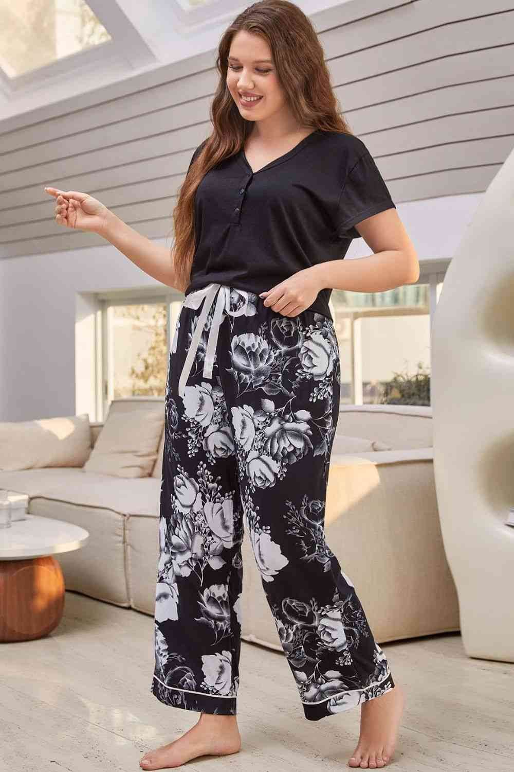 Full Size V-Neck Top and Floral Pants Lounge Set for a perfect OOTD – dress to impress outfits from Amexza