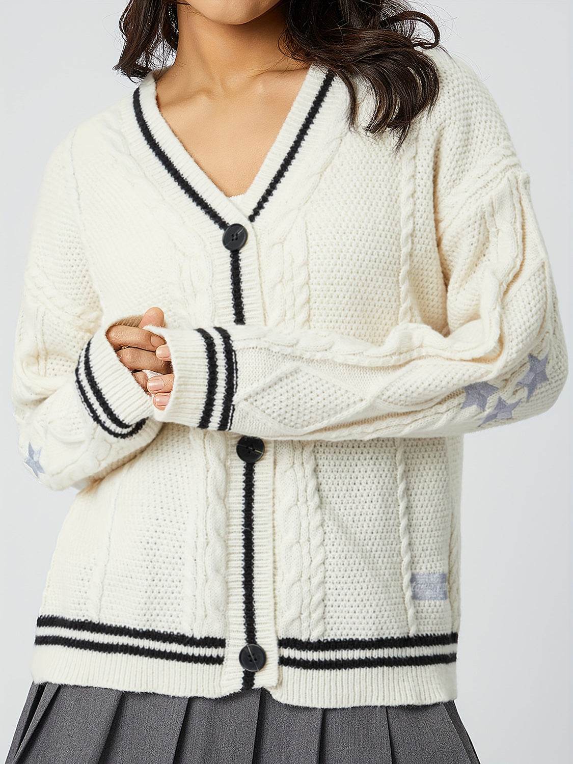 Star Embroidered V-Neck Long Sleeve Cardigan - Amexza