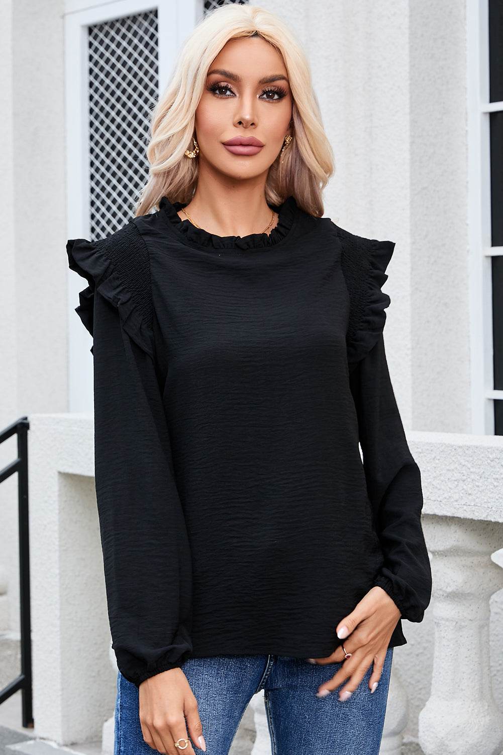 Frill Mock Neck Ruffled Balloon Sleeve Blouse for a perfect OOTD – dress to impress outfits from Amexza