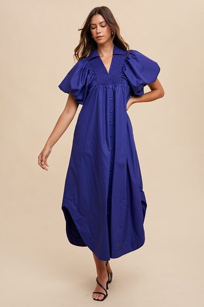 Annie Wear Smocked Puff Sleeve Midi Dress Navy for a perfect OOTD – dress to impress outfits from Amexza