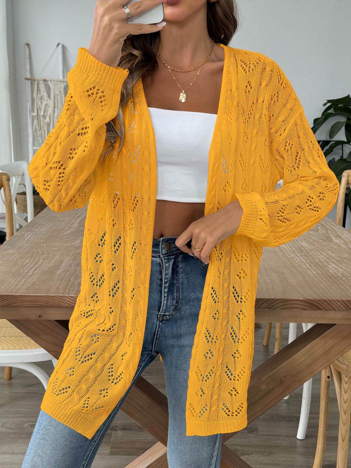 Openwork Open Front Long Sleeve Cardigan - Amexza