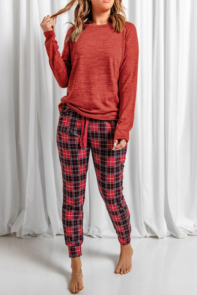 Round Neck Top and Drawstring Plaid Pants Lounge Set Deep Red for a perfect OOTD – dress to impress outfits from Amexza