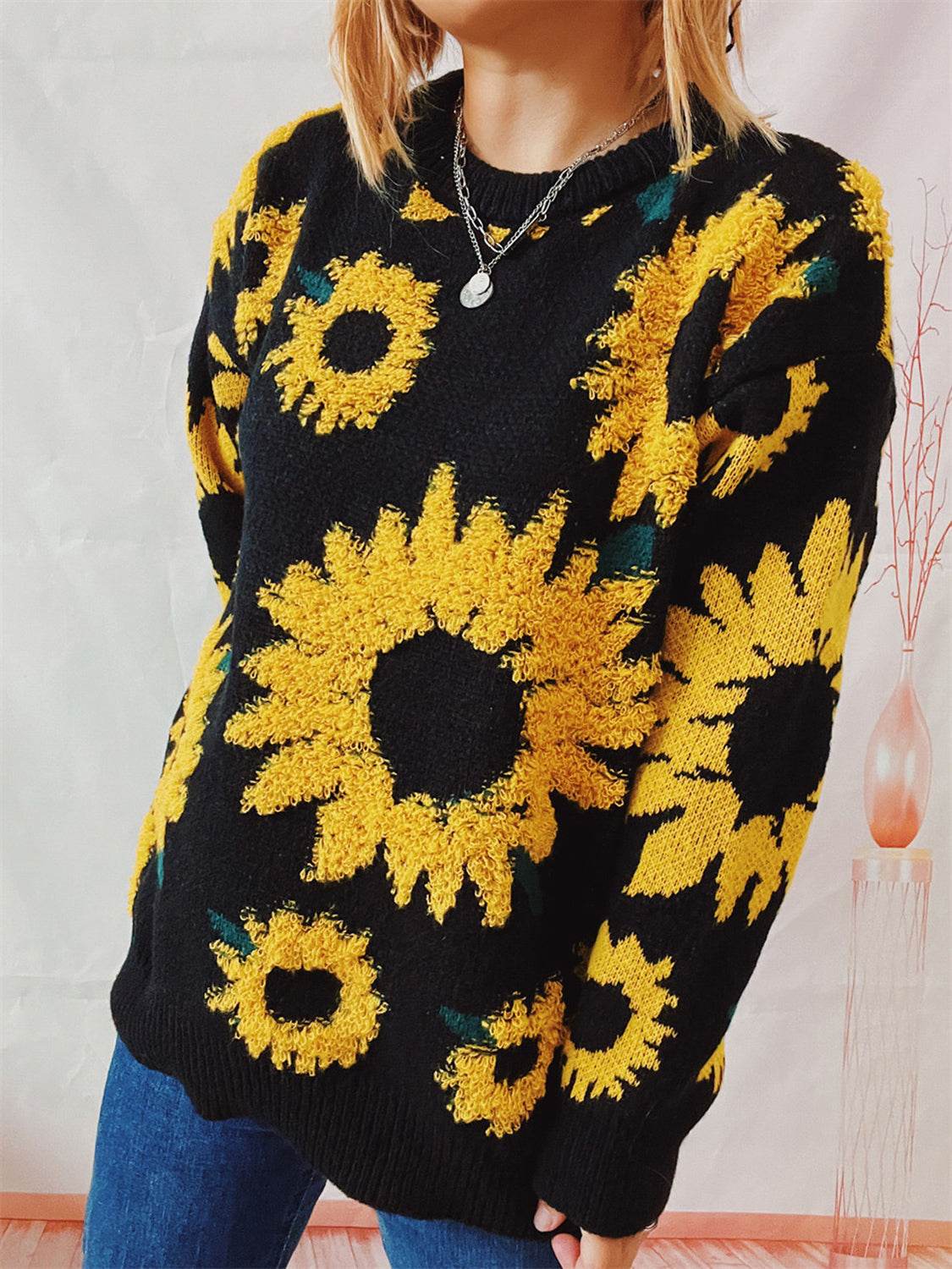 Sunflower Dropped Shoulder Long Sleeve Sweater - Amexza