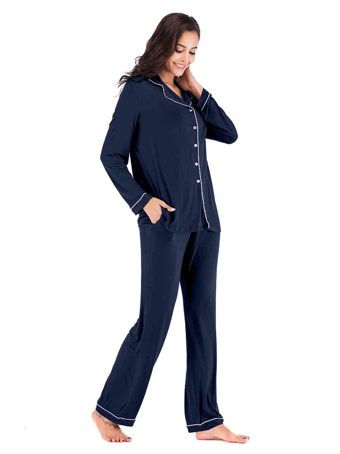 Collared Neck Long Sleeve Loungewear Set with Pockets for a perfect OOTD – dress to impress outfits from Amexza