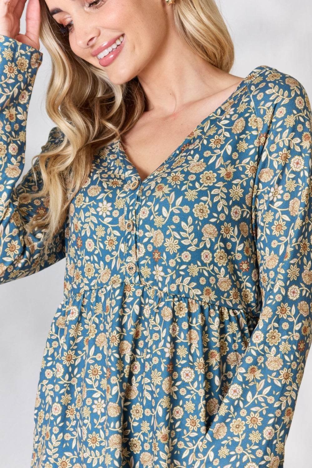 Heimish Full Size Floral Half Button Long Sleeve Blouse - Amexza