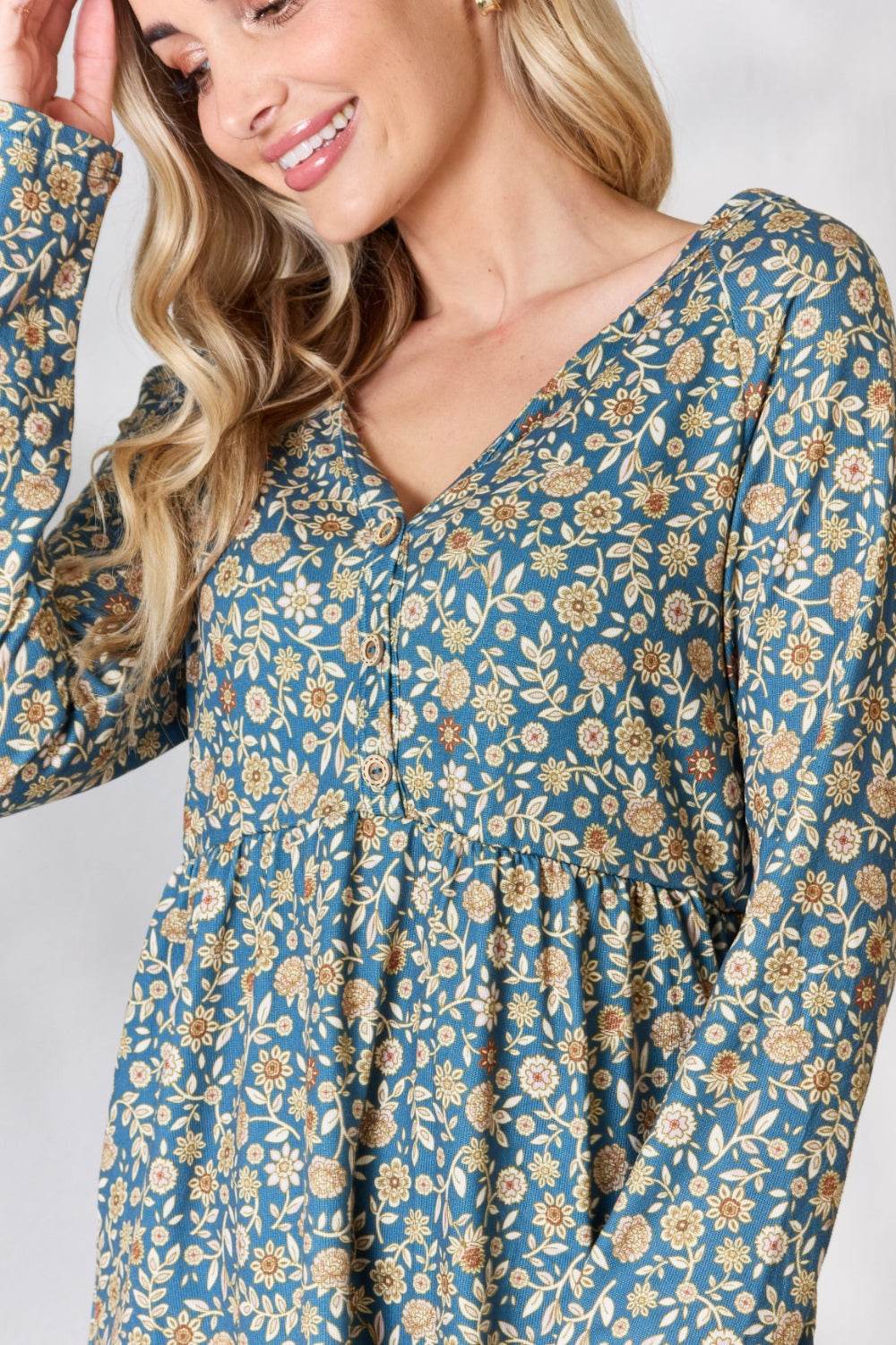 Heimish Full Size Floral Half Button Long Sleeve Blouse for a perfect OOTD – dress to impress outfits from Amexza