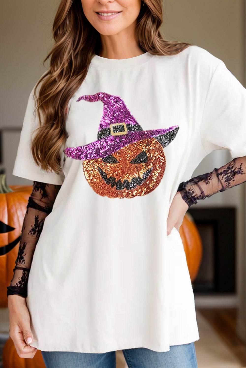Sequin Pumpkin Round Neck Short Sleeve T-Shirt White for a perfect OOTD – dress to impress outfits from Amexza