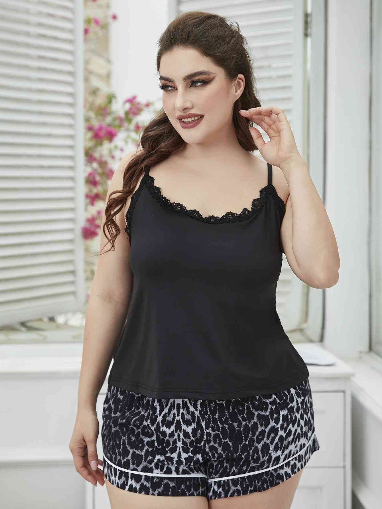 Plus Size Lace Trim Scoop Neck Cami and Printed Shorts Pajama Set for a perfect OOTD – dress to impress outfits from Amexza