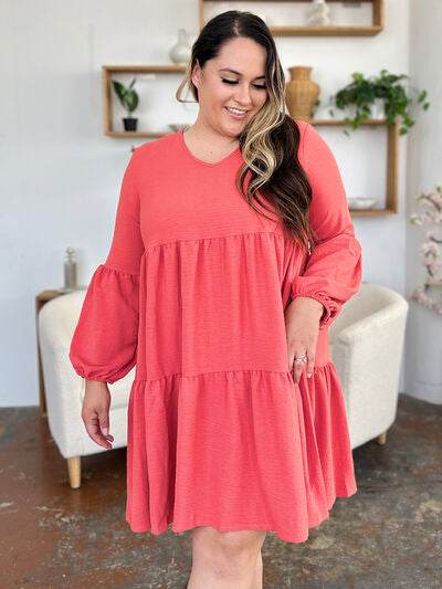 Double Take Full Size V-Neck Balloon Sleeve Tiered Dress with Pockets for a perfect OOTD – dress to impress outfits from Amexza