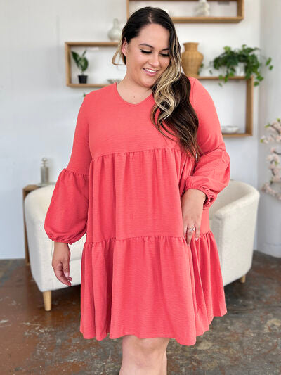 Double Take Full Size V-Neck Balloon Sleeve Tiered Dress with Pockets for a perfect OOTD – dress to impress outfits from Amexza