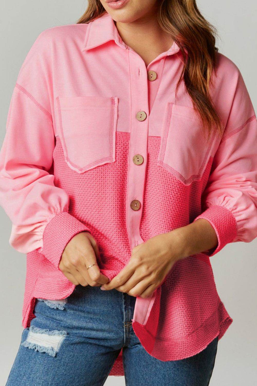 Two Tone Button Up Drop Shoulder Shacket Blush Pink for a perfect OOTD – dress to impress outfits from Amexza