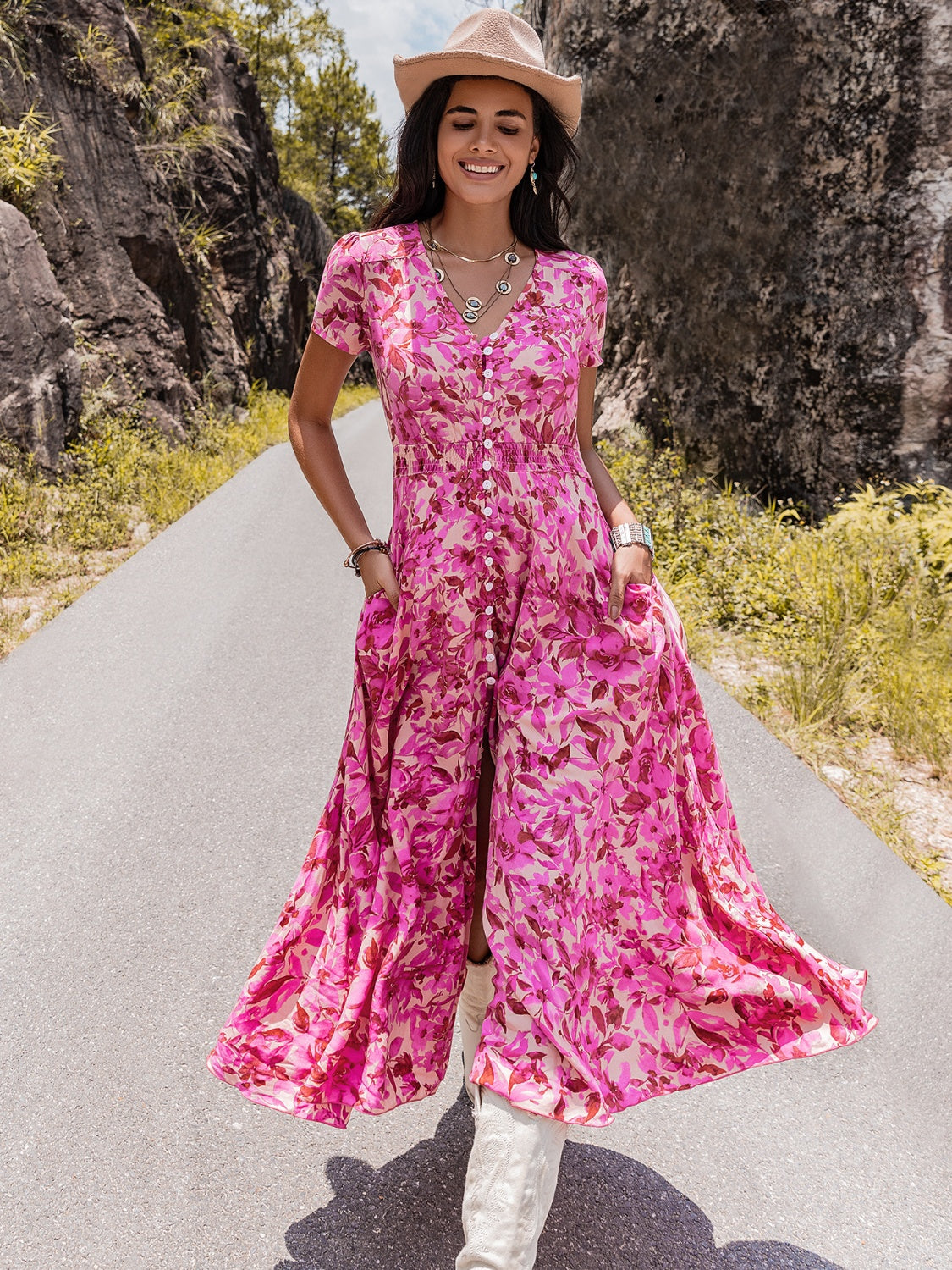 Floral V-Neck Slit Dress - Hot Pink / S