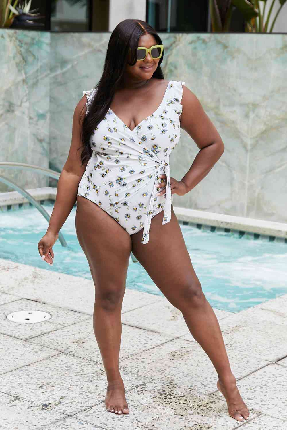 Marina West Swim Float On Ruffle Faux Wrap One-Piece in Daisy Cream for a perfect OOTD – dress to impress outfits from Amexza