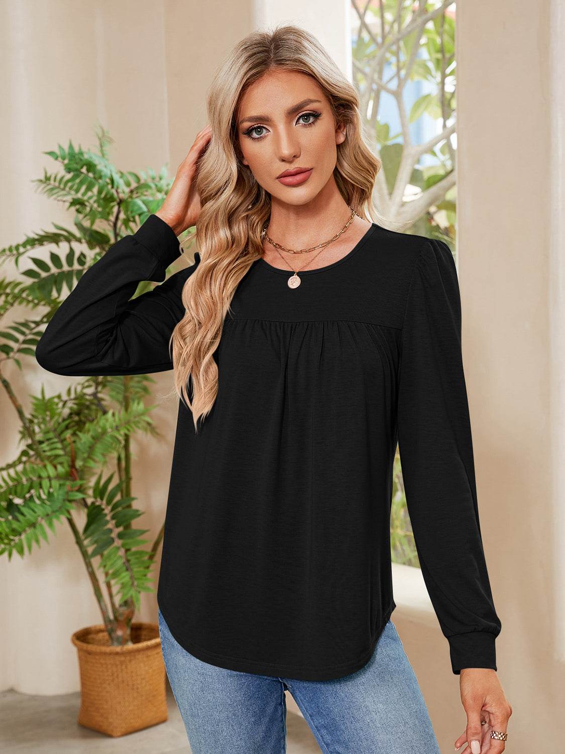 Ruched Round Neck Long Sleeve Blouse Black for a perfect OOTD – dress to impress outfits from Amexza