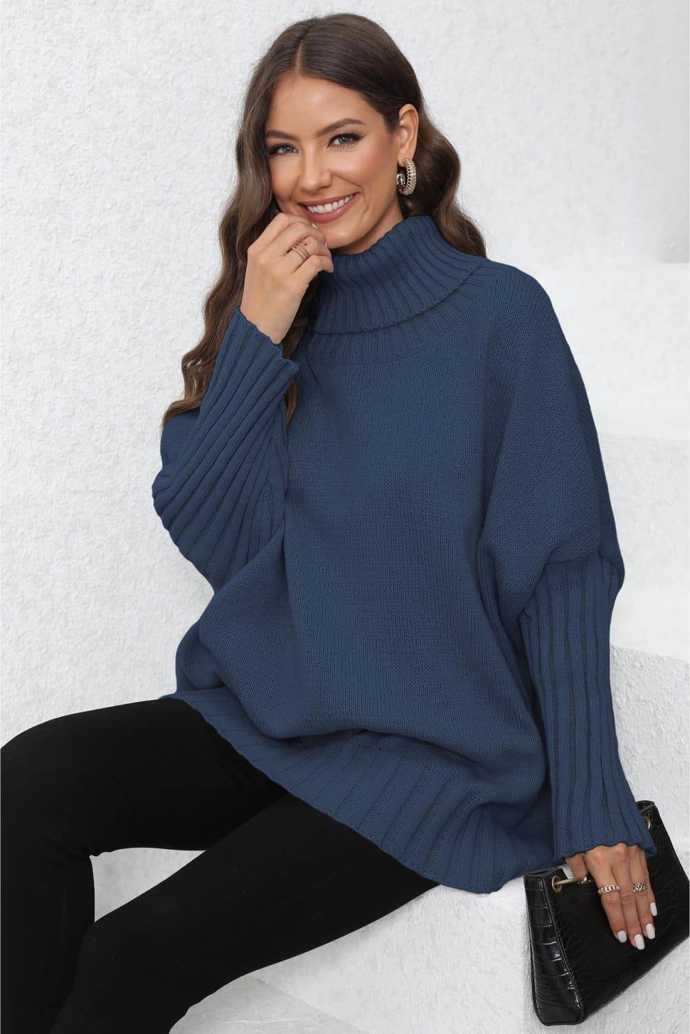 Turtle Neck Long Sleeve Ribbed Sweater - Amexza