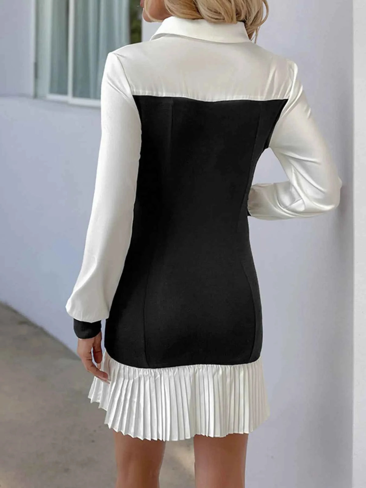Two Tone Pleated Long Sleeve Shirt Dress