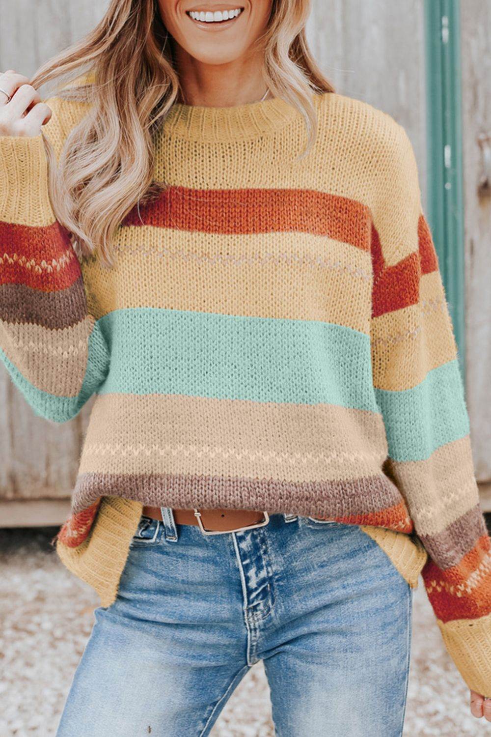 Color Block Round Neck Dropped Shoulder Sweater - Amexza