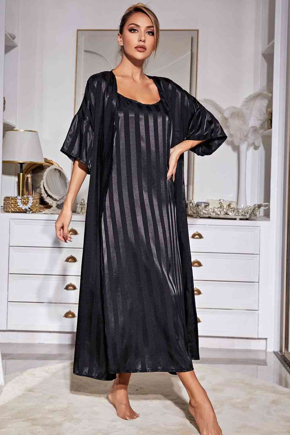 Striped Flounce Sleeve Open Front Robe and Cami Dress Set for a perfect OOTD – dress to impress outfits from Amexza