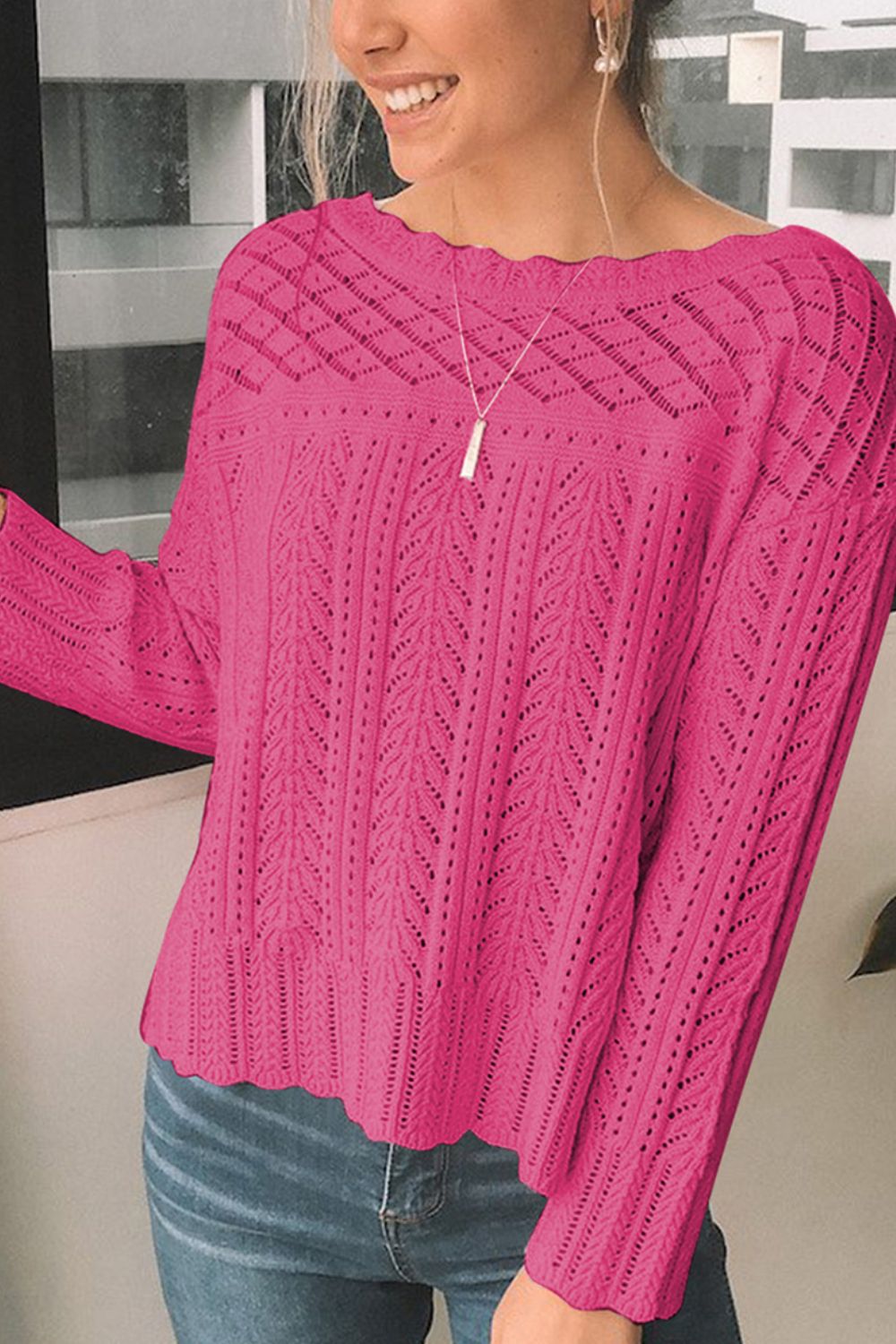 Openwork Round Neck Long Sleeve Knit Top