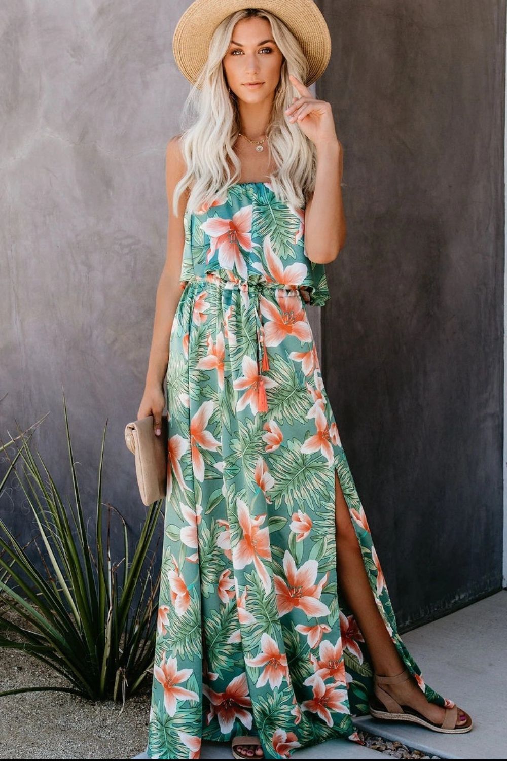 Slit Tropical Sleeveless Tube Dress - Floral / S