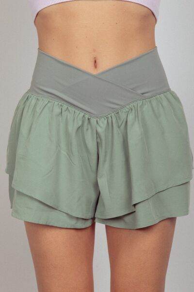 VERY J V-Shaped High Waist Layered Active Shorts Sage for a perfect OOTD – dress to impress outfits from Amexza