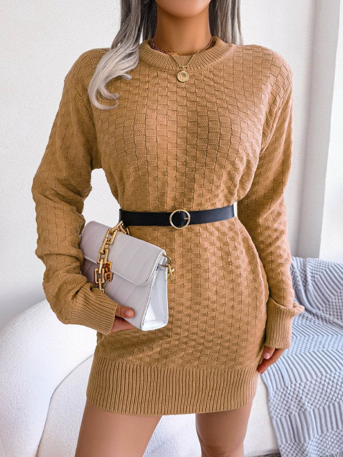 Round Neck Long Sleeve Mini Sweater Dress Sherbet for a perfect OOTD – dress to impress outfits from Amexza