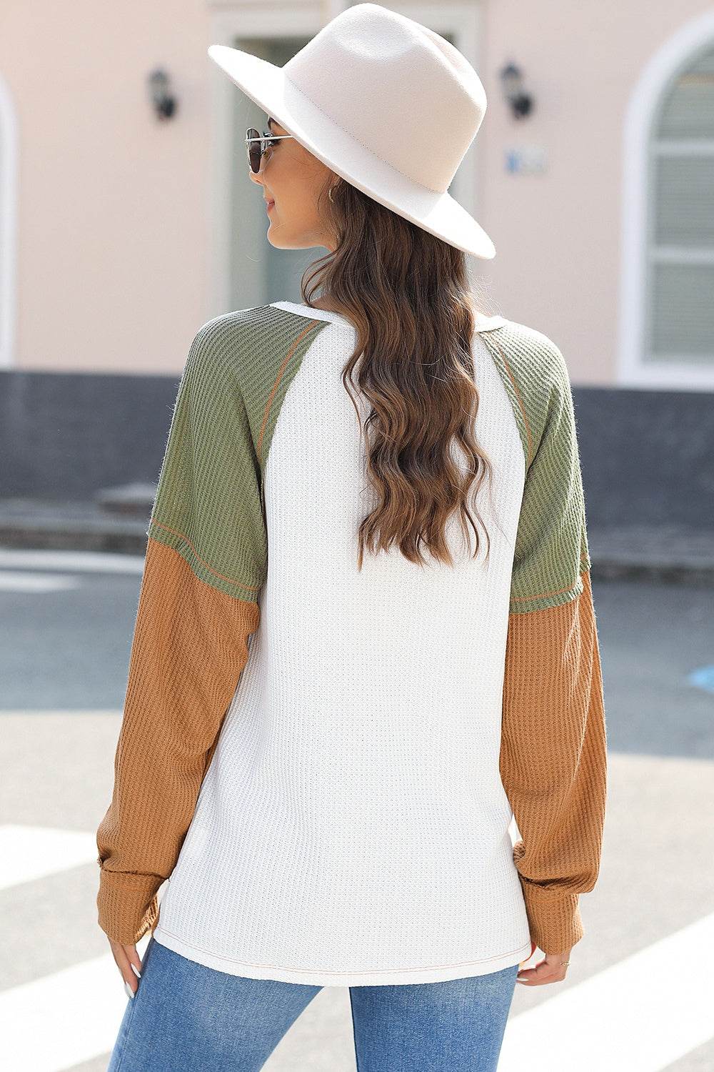 Waffle-Knit Color Block Long Sleeve Top - Amexza