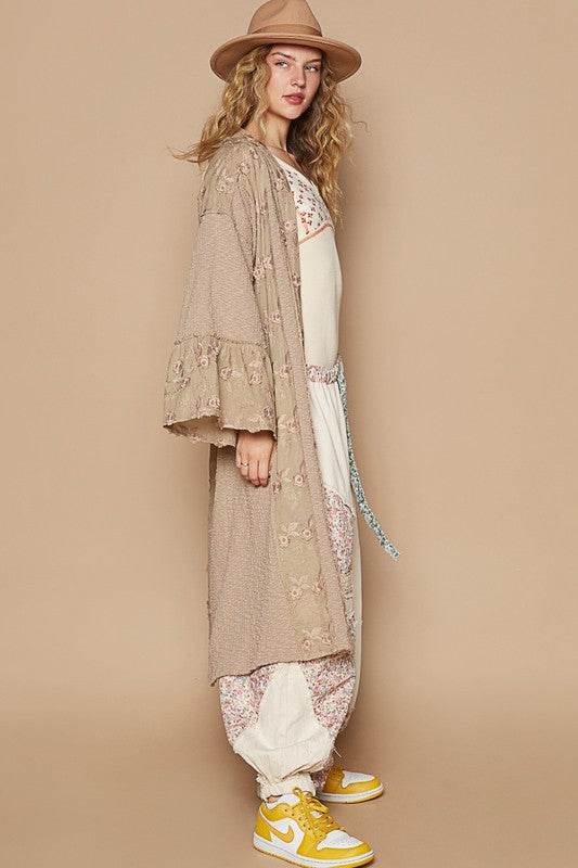 POL Flower Lace Trim Open Front Longline Cardigan for a perfect OOTD – dress to impress outfits from Amexza