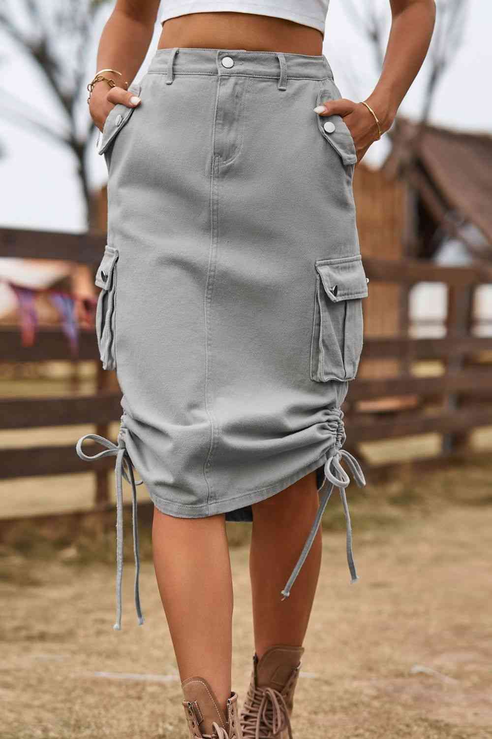 Drawstring Denim Cargo Skirt Mid Gray for a perfect OOTD – dress to impress outfits from Amexza