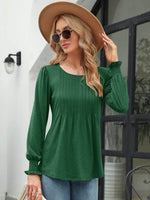 Smocked Round Neck Lantern Sleeve Blouse - Amexza