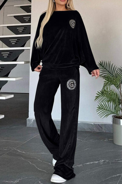 Full Size Boat Neck Long Sleeve Top and Pants Set Black for a perfect OOTD – dress to impress outfits from Amexza