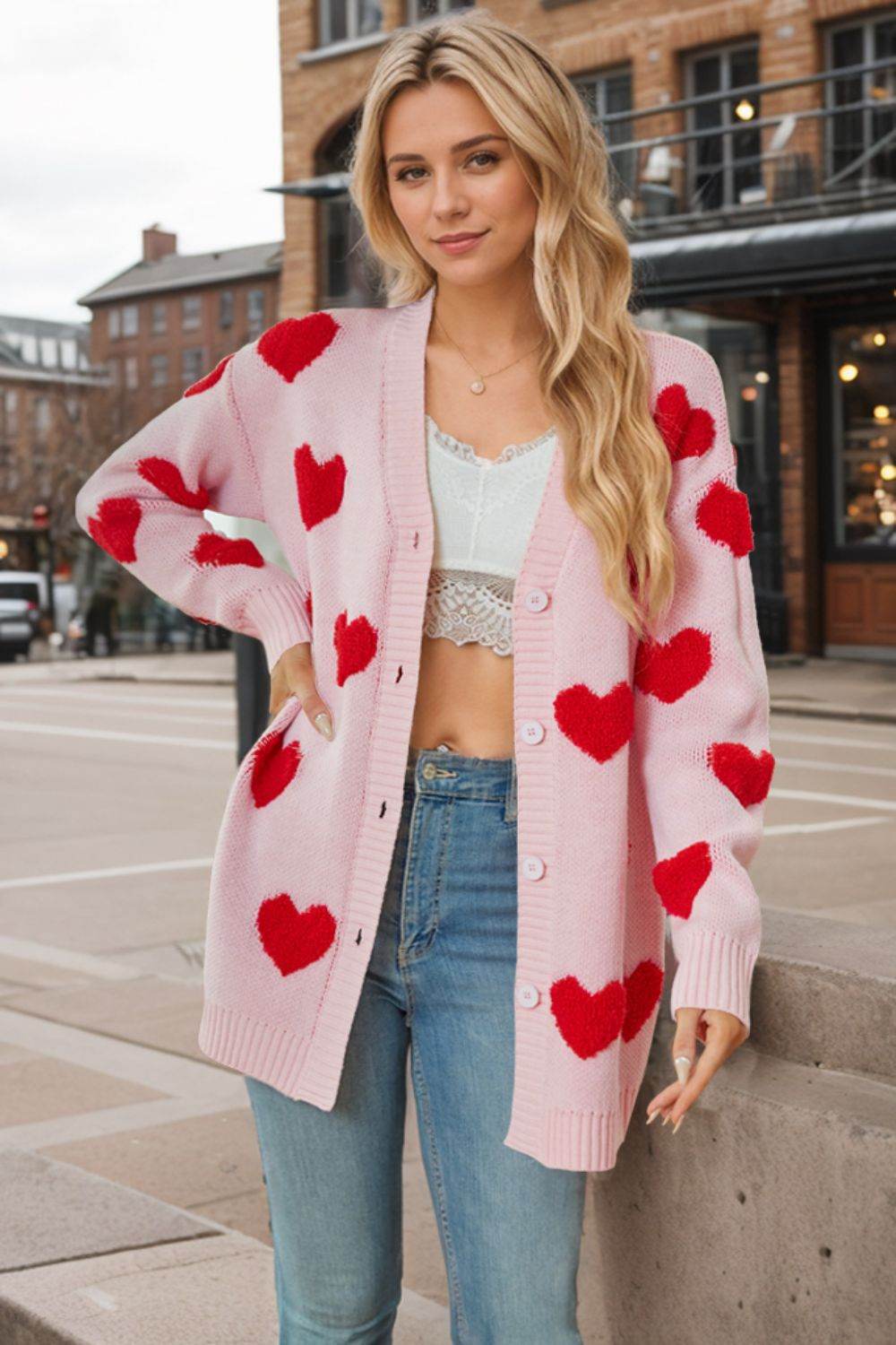 Heart Button Down Long Sleeve Cardigan for a perfect OOTD – dress to impress outfits from Amexza