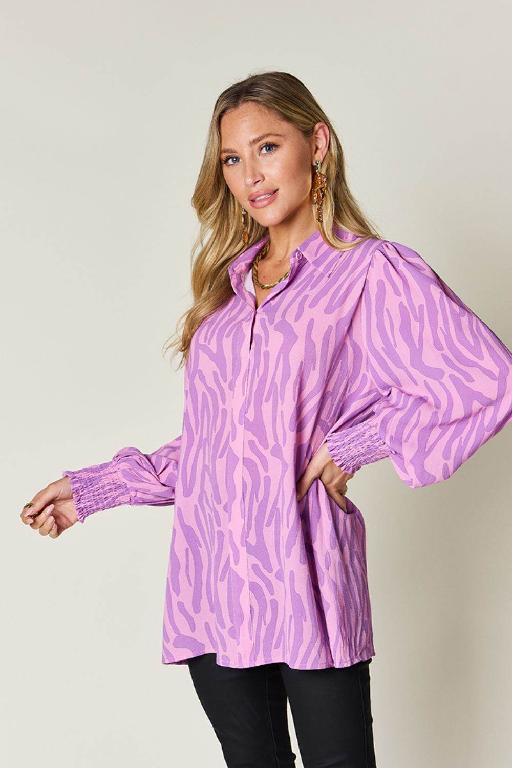 Double Take Full Size Printed Smocked Long Sleeve Blouse for a perfect OOTD – dress to impress outfits from Amexza