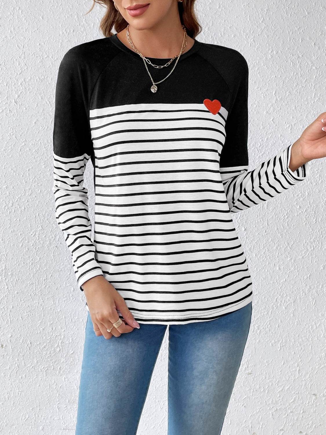 Striped Contrast Round Neck Long Sleeve T-Shirt Black for a perfect OOTD – dress to impress outfits from Amexza