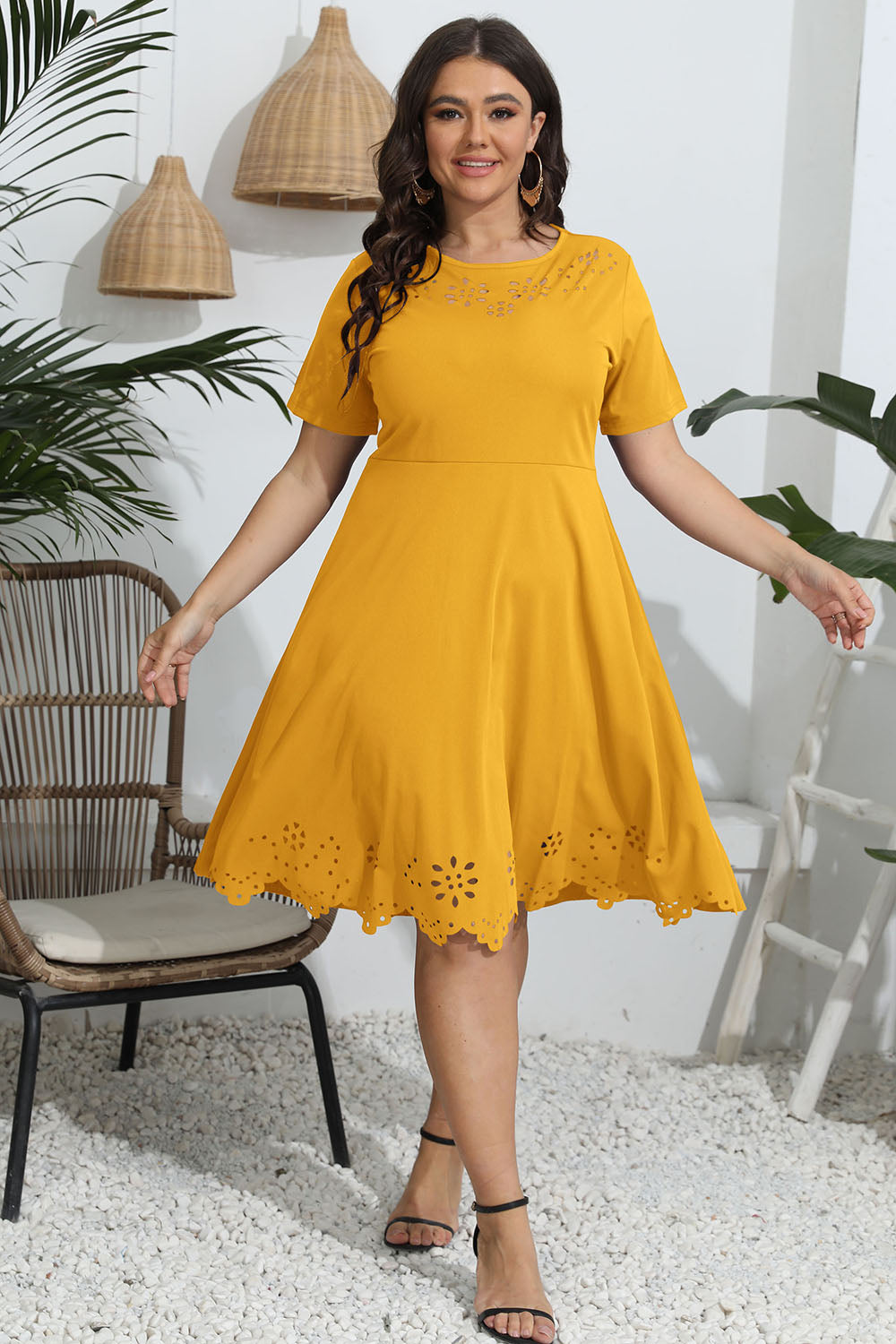 Plus Size Round Neck Openwork Dress - Mustard / L