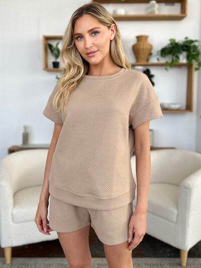 Double Take Full Size Texture Short Sleeve T-Shirt and Drawstring Shorts Set for a perfect OOTD – dress to impress outfits from Amexza