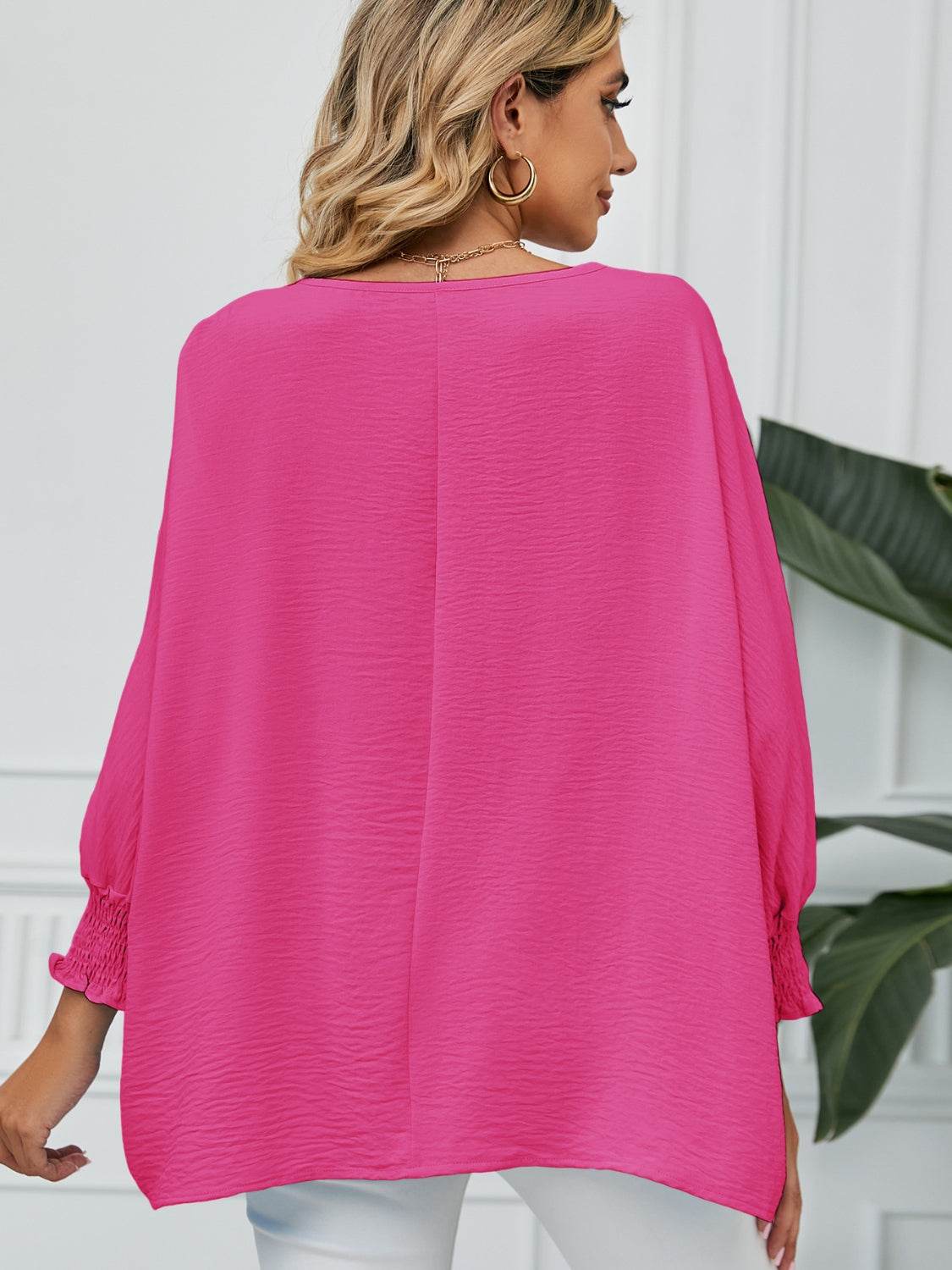 Smocked Lantern Sleeve Round Neck Blouse for a perfect OOTD – dress to impress outfits from Amexza