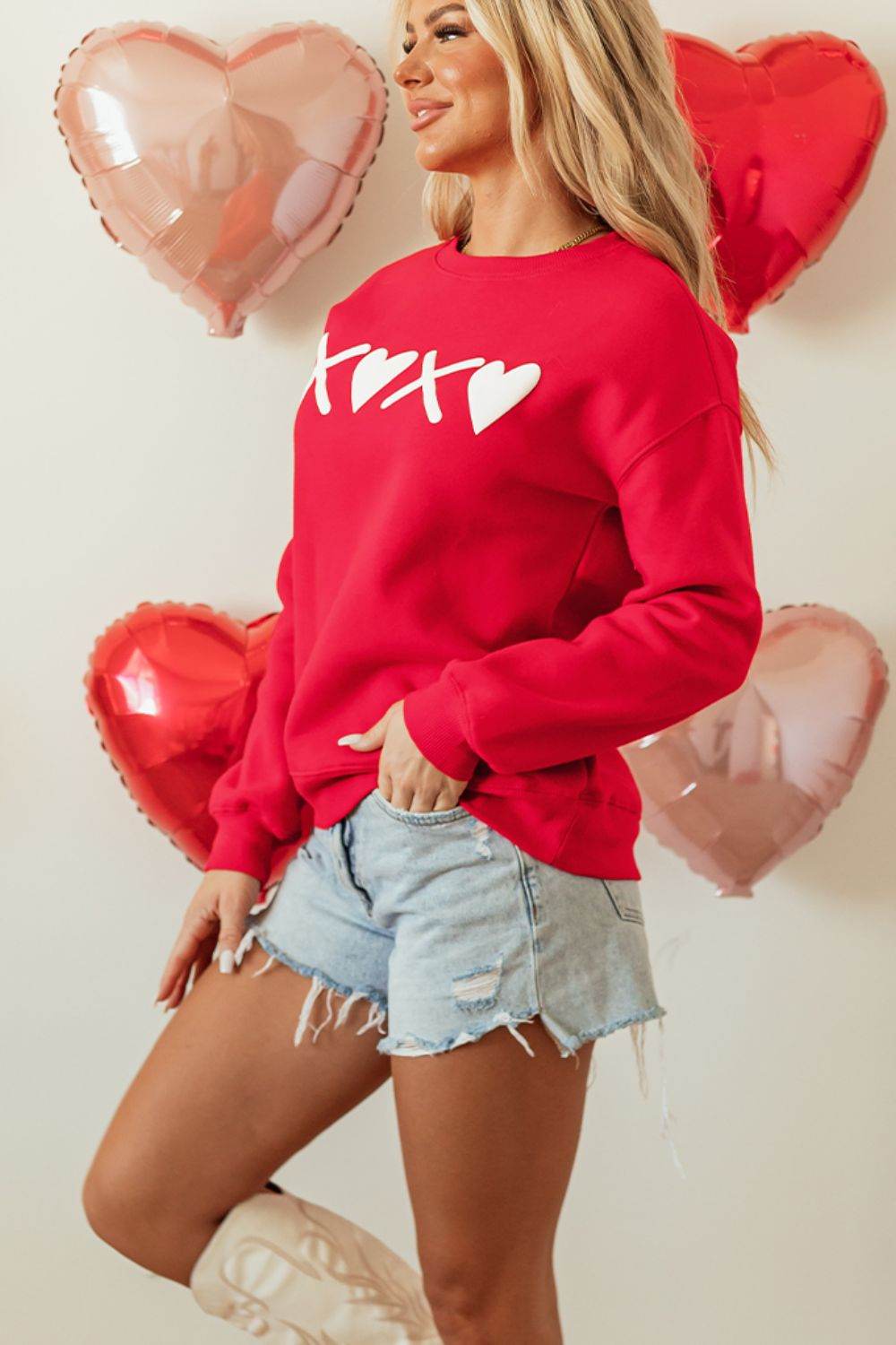 Valentine’s Day XOXO Round Neck Drop Shoulder Sweatshirt - Amexza