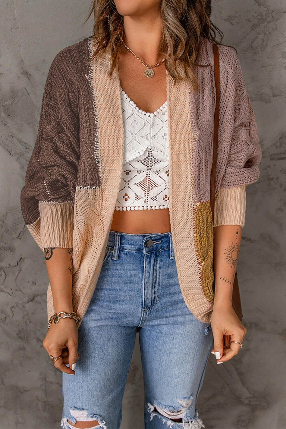 Woven Right Color Block Cable-Knit Batwing Sleeve Cardigan - Amexza