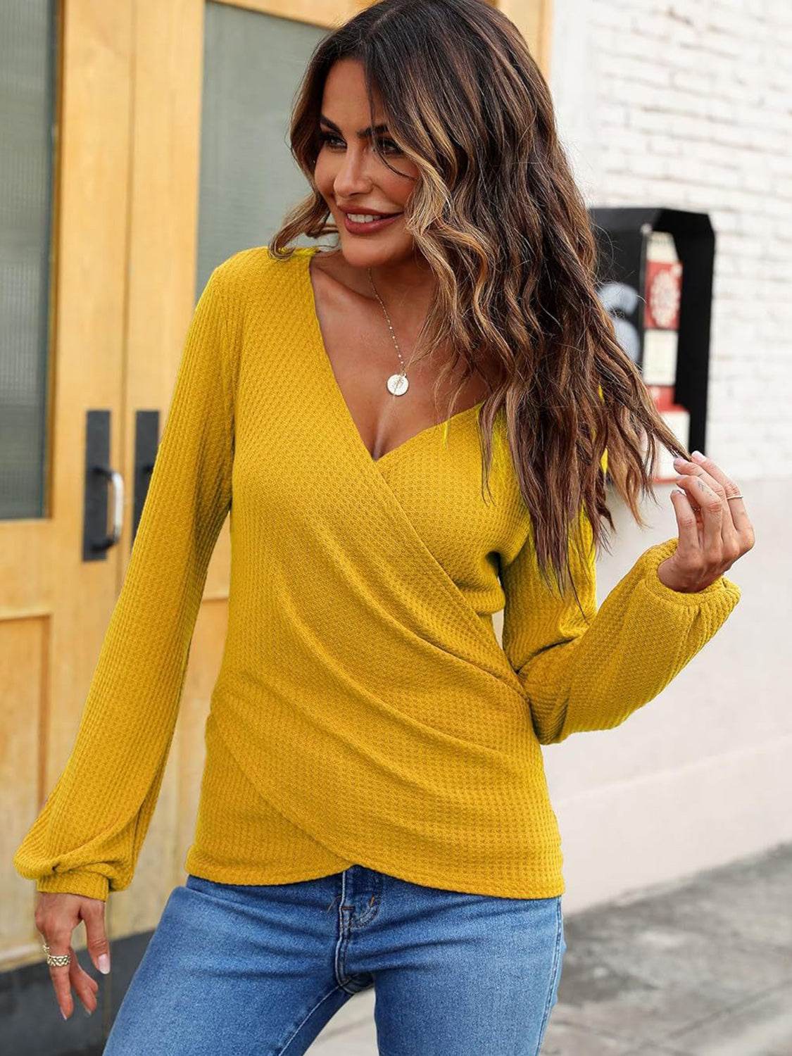 Waffle Knit Surplice Long Sleeve T-Shirt for a perfect OOTD – dress to impress outfits from Amexza