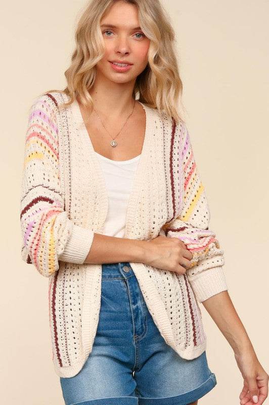 Haptics Full Size Striped Crochet Open Front Cardigan for a perfect OOTD – dress to impress outfits from Amexza