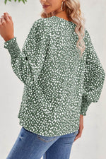Printed V-Neck Smocked Lantern Sleeve Blouse - Amexza